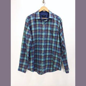 BUGATCHI Size L Mens 100% Cotton Plaid Button Down Dress Shirt in Blue Green